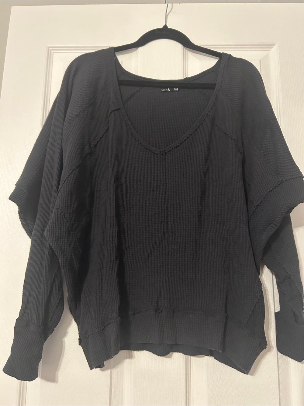SIVA Distressed Black Waffle Knit V-Neck Dolman Sleeve Top NWOT!